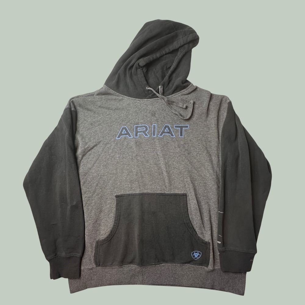 Ariat Hoodie Mens L Pullover Grey Black Colorblock Logo Graphic Workwear Fair
